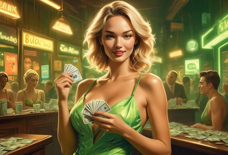 Meja permainan casino dengan dealer dan beberapa pemain di latar belakang